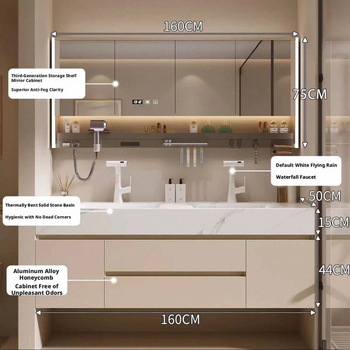 Seamless Integrated Bathroom Vanity with Slab Stone Basin, 2026 New Model