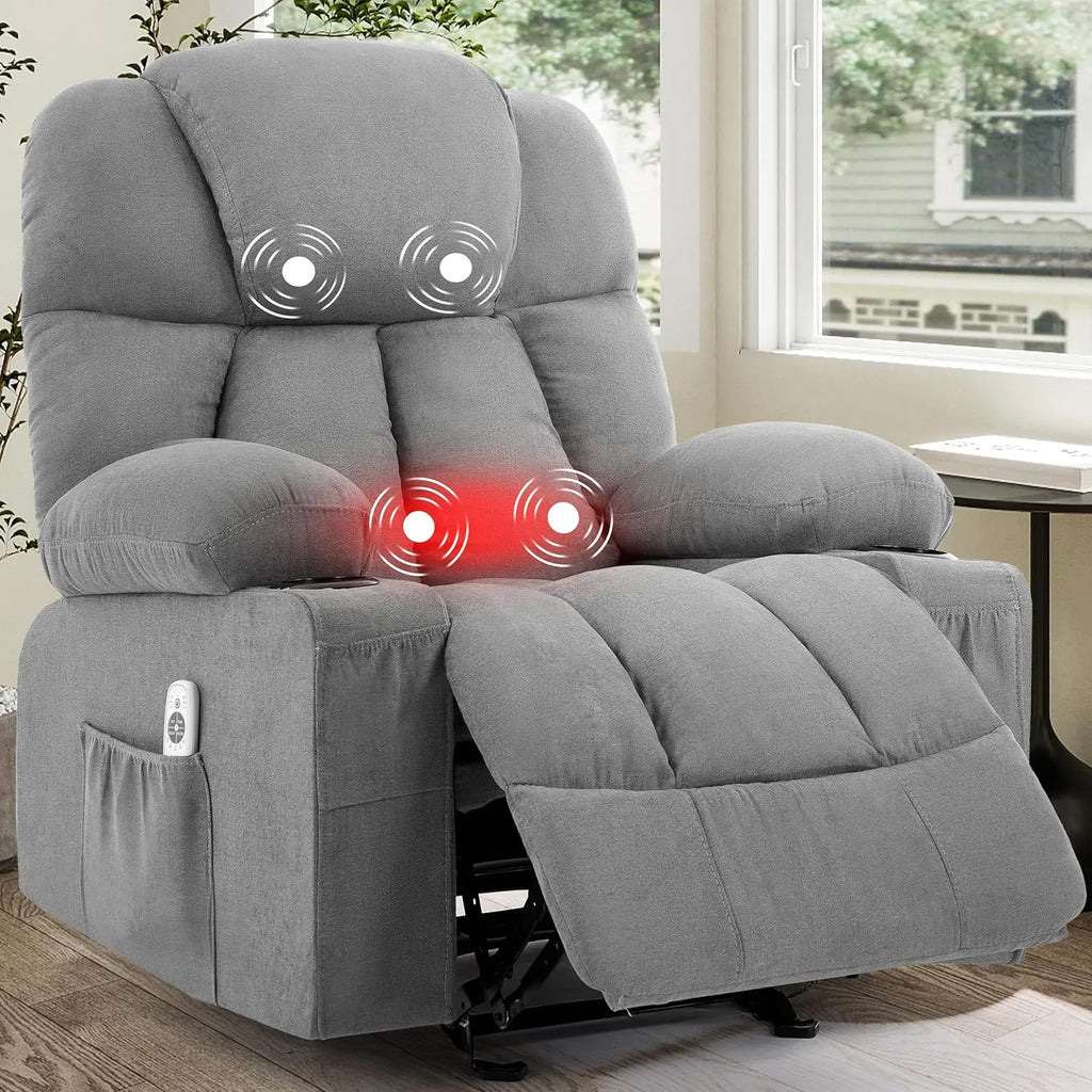 Massage Rocker Recliner Chair with Heat & Vibration, 4 Pockets, 2 Cup Holders, Fabric