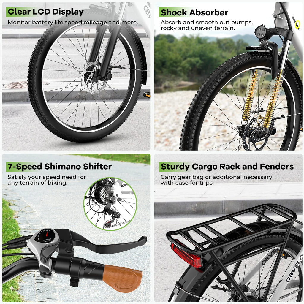 Cybervelo 1000W Peak 26" Electric Bike Adults 80Miles, Removable Battery, 7-Speed Ebike