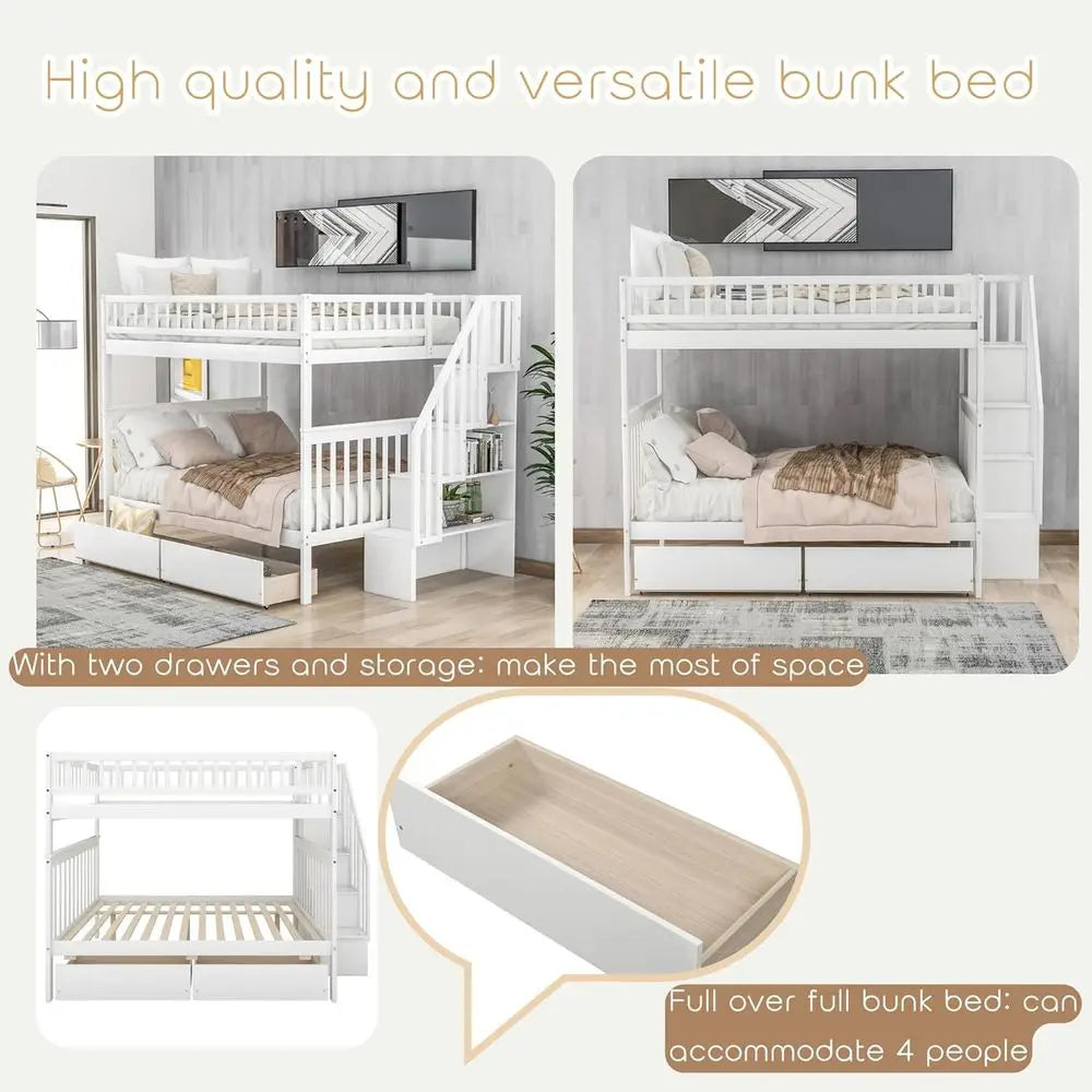 White Wooden Full- size Bunk Beds with Desks, Stairs, and Storage