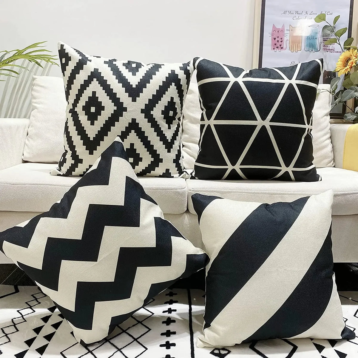Black Geometric Linen Pillow Cover