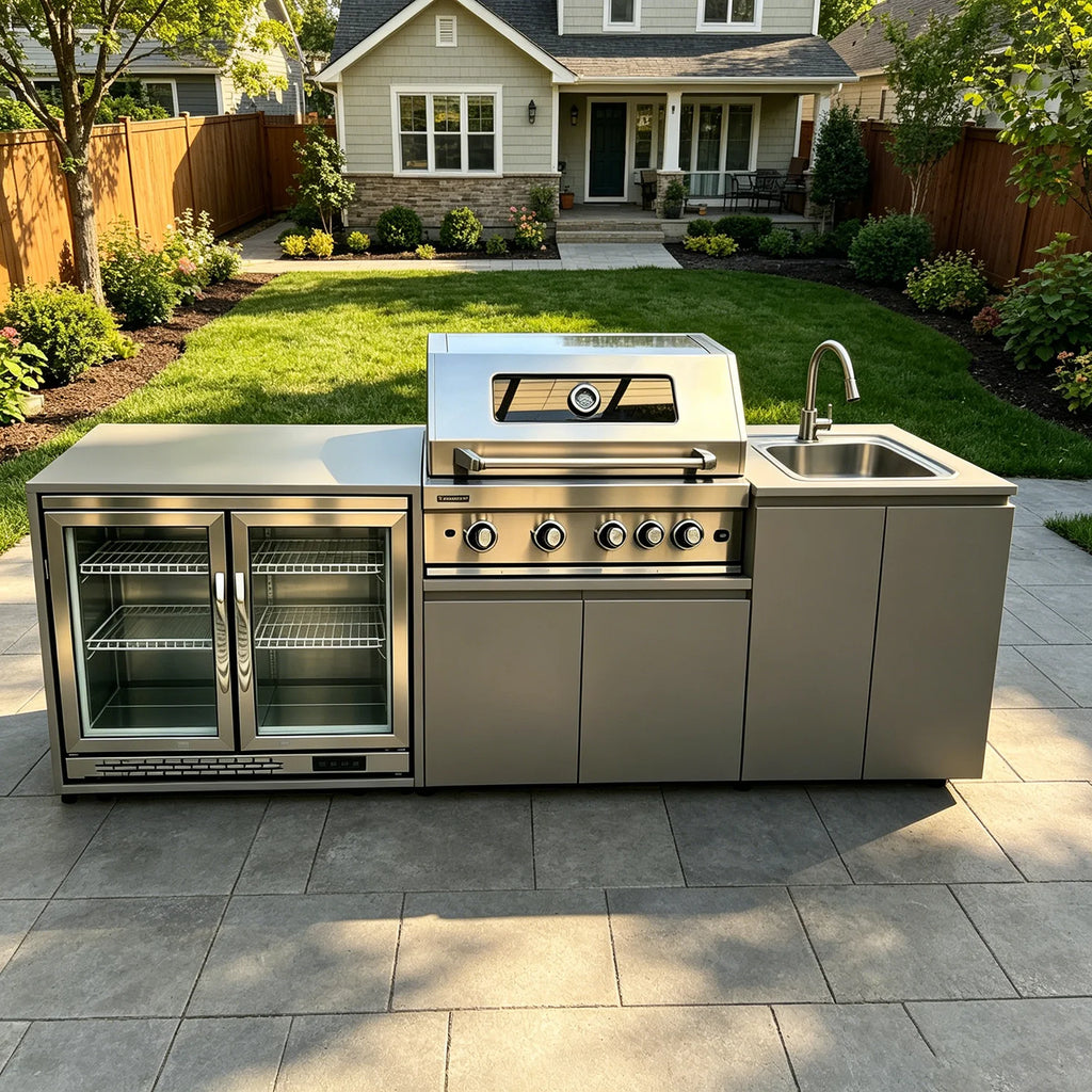 Modern Modular Practical 304 Stainless Steel Outdoor Kitchen Sets With Grill, Cooktop, Sink, Fridge