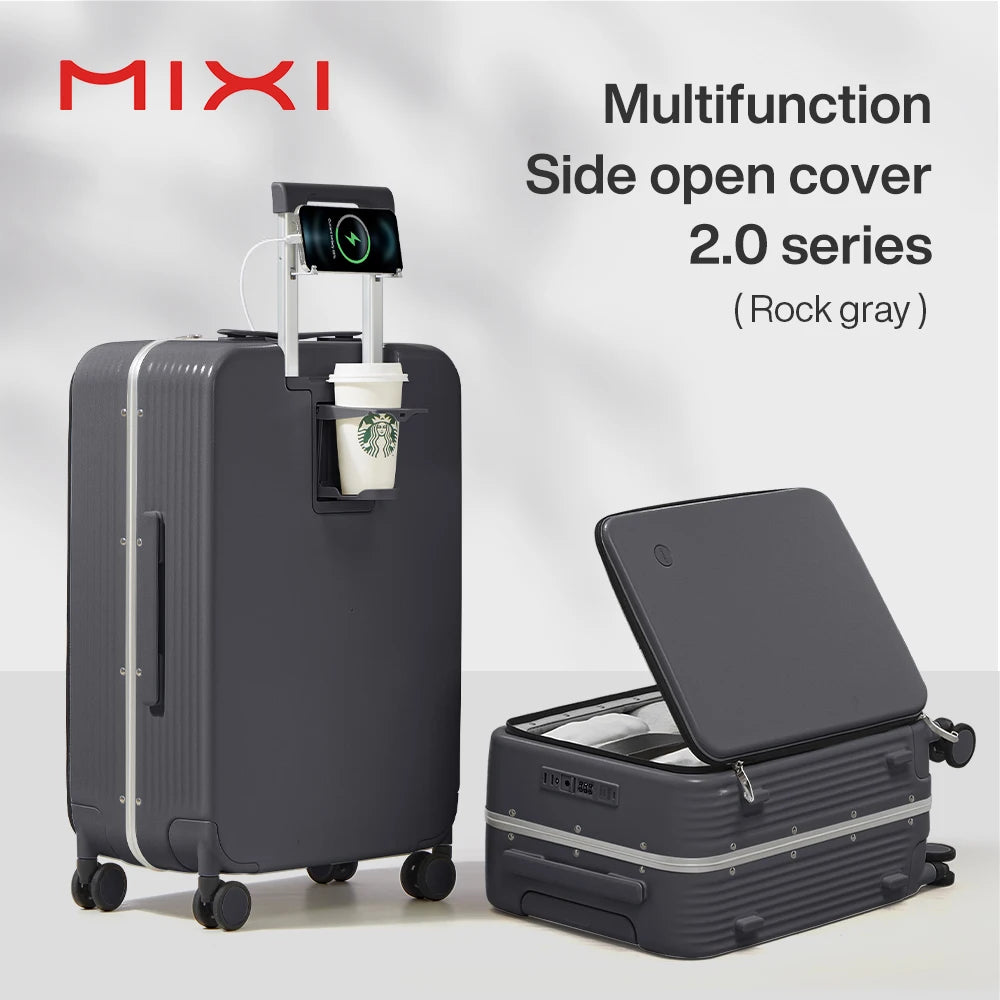 Mixi New Aluminum Frame Suitcase Carry On Rolling Luggage with USB Port, Boarding Cabin Cup, and Phone Holder
