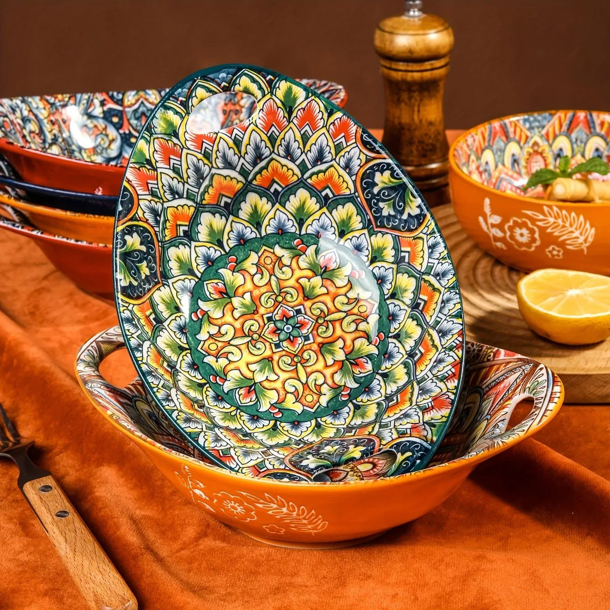 Bohemian-Style Ceramic Bowl Featuring Two Handles - Safe for Microwave And Oven Use,