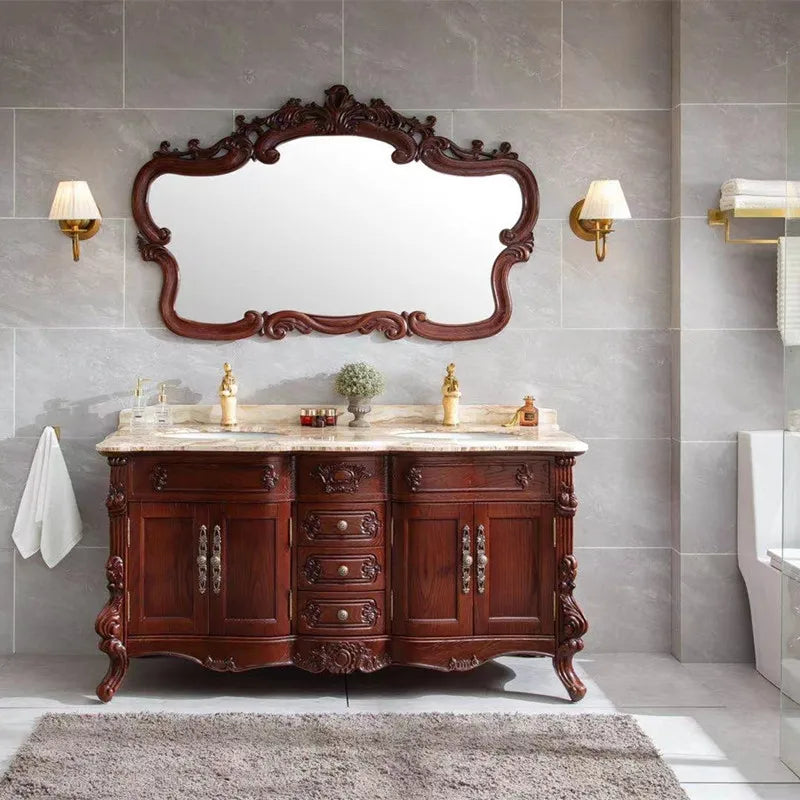 60 inch Double Sink European Bathroom Vanity Cabinet, Nordic American Red Oak Marble