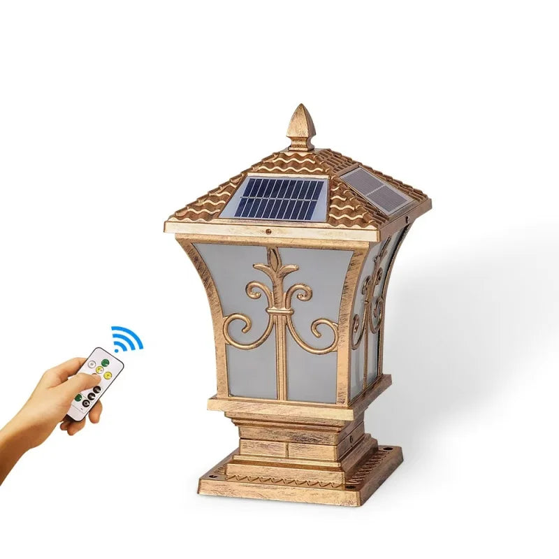 Round Solar Pillar Post Light Waterproof Outdoor LED Gate Lamp 3 Color Dimmable for Garden Patio Yard Decor