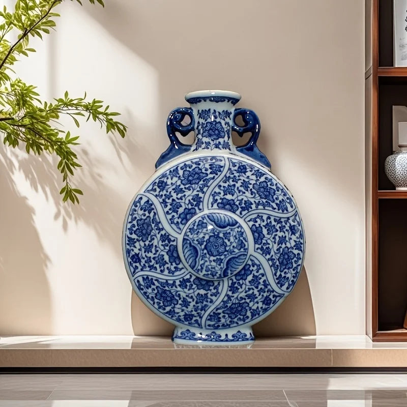 Handcrafted Porcelain Vase with Blue & White Floral Traditional Chinese Home Decor,