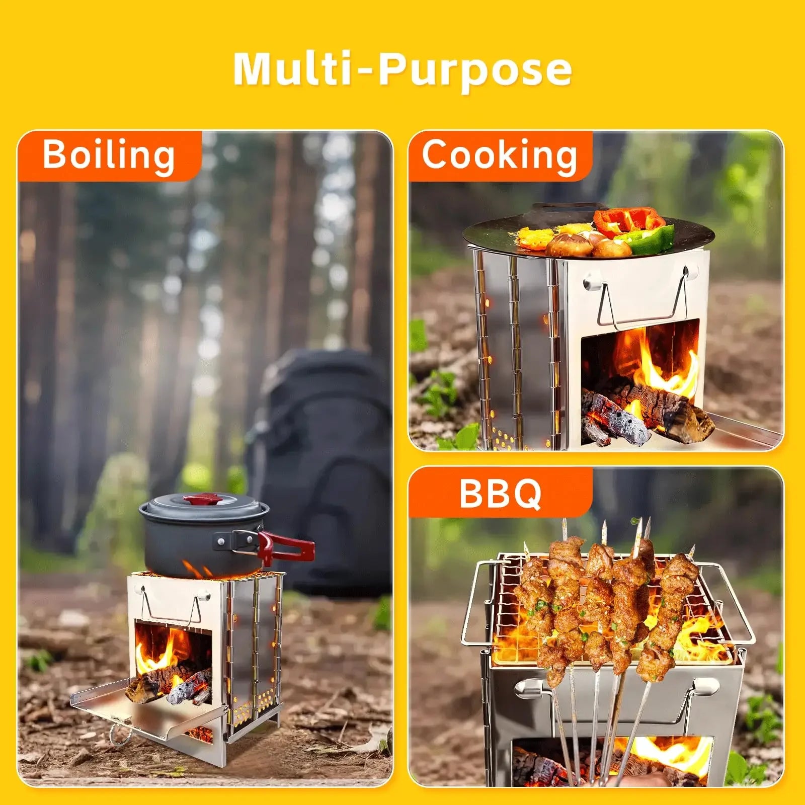 Wood Burning Folding Camp Stove, Stainless Steel Grid,