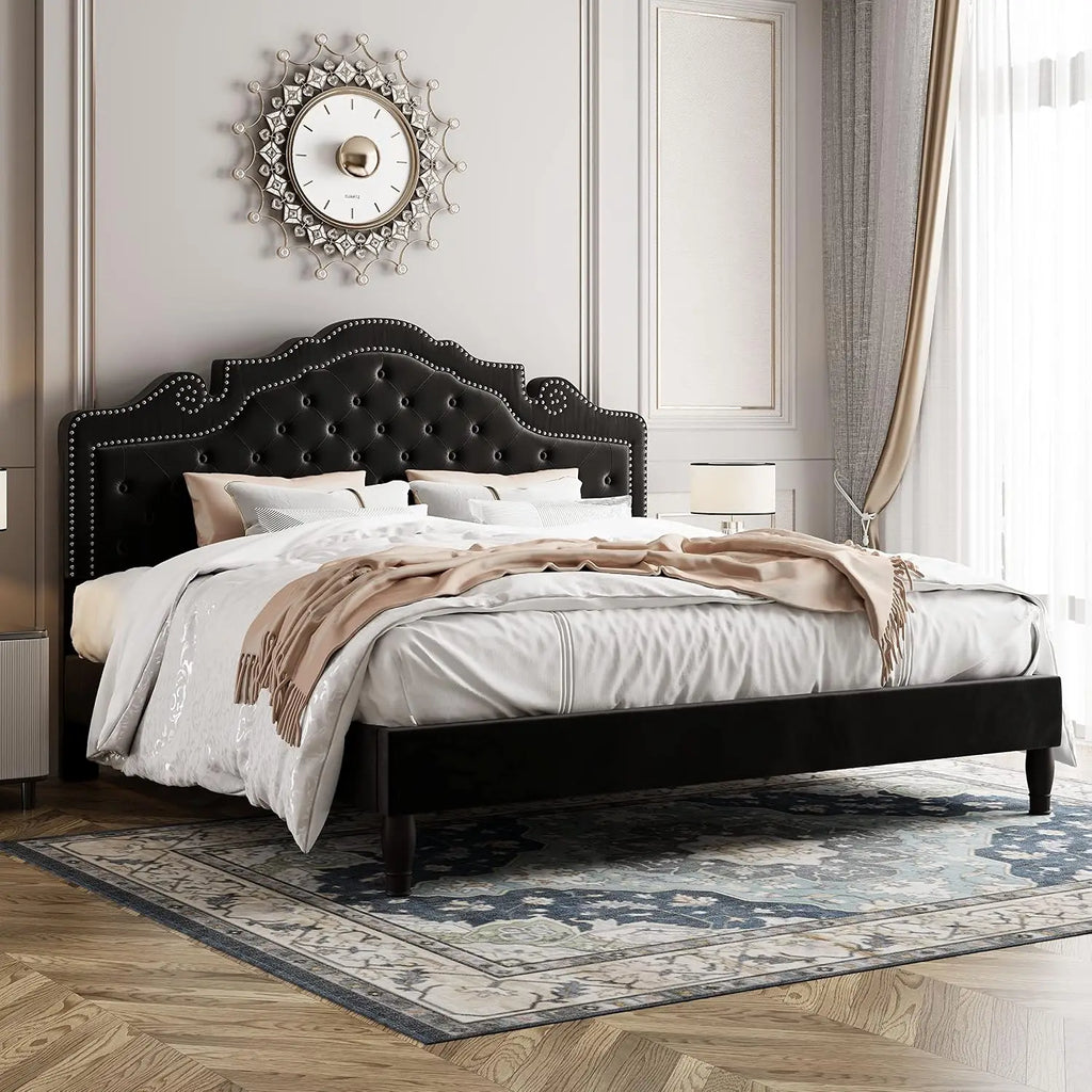 Velvet King Platform Bed Frame Adjustable Headboard, Wood Slat Support