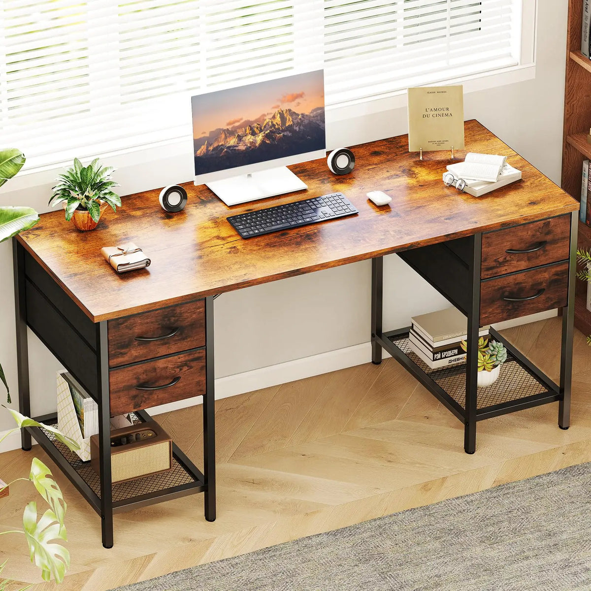 JHK Computer Desk 55 Inch with 4 Drawers