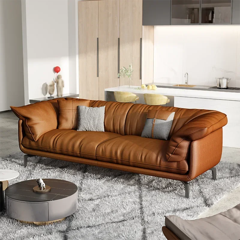Nordic Vintage Brown Leather Designer Sofa