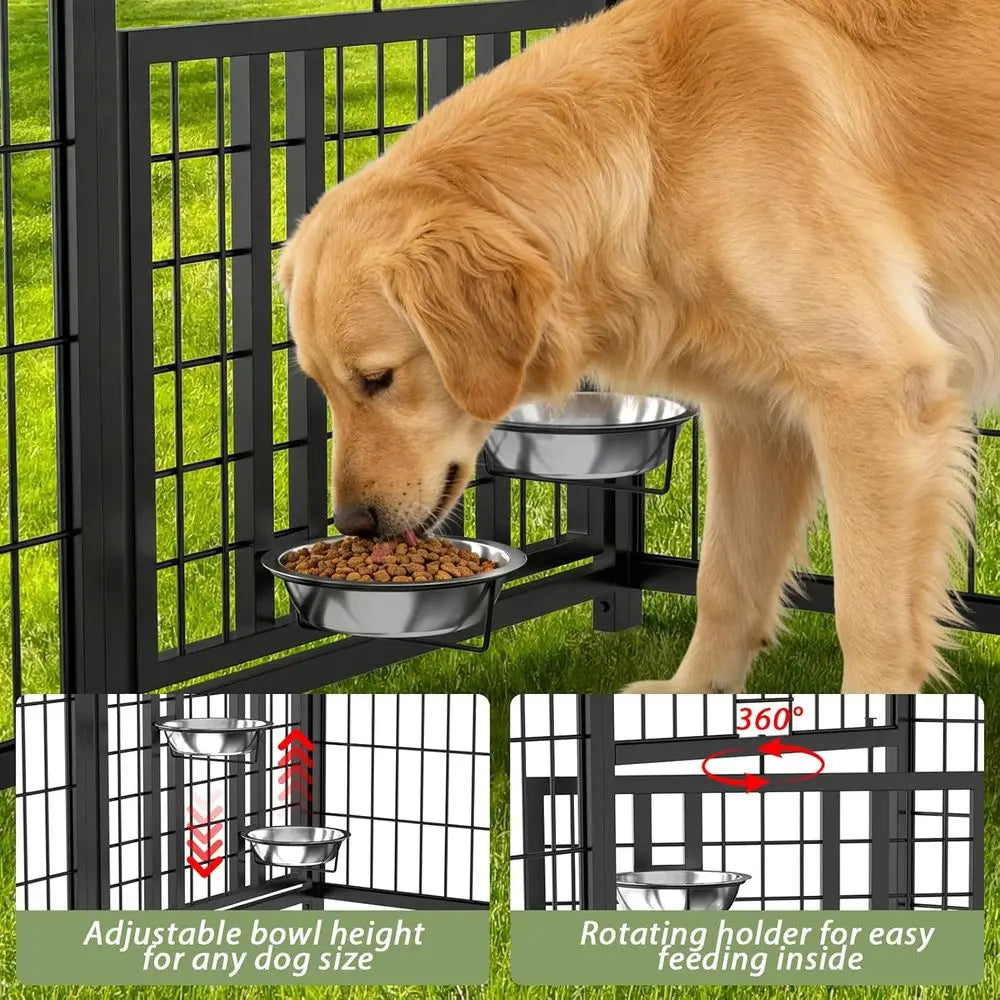 Outdoor Dog Kennel with Roo, Heavy Duty Steel Dog Run Enclosure or Small Dogs, Waterproo , Double Door, Adjustable eeding Bowls,