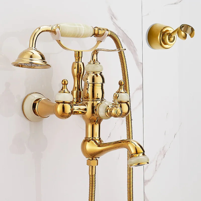 European vintage Brass Bathtub Hot and Cold water faucet with simple triple shower head