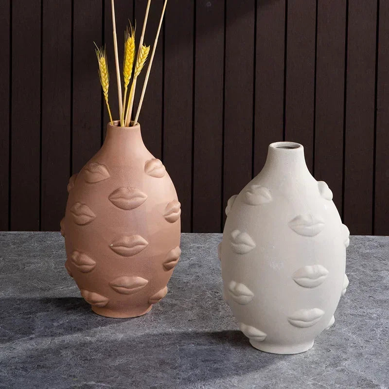 Sculptured Ceramic Human Face Art Vase