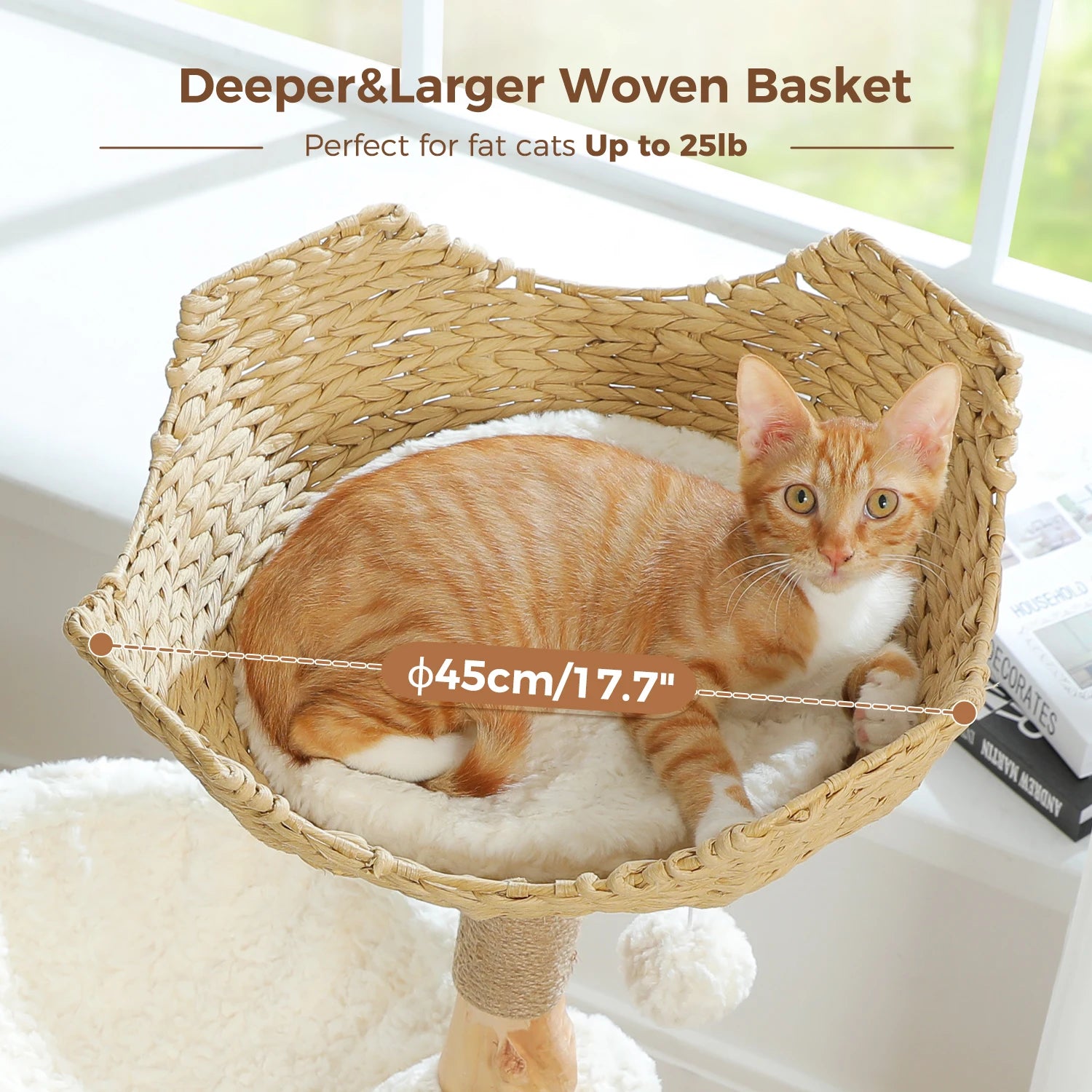 Modern Cat Tree Tower with Natural Solid Wood Scratching Posts Spacious Wicker Basket Luxury Cat Condo Bed