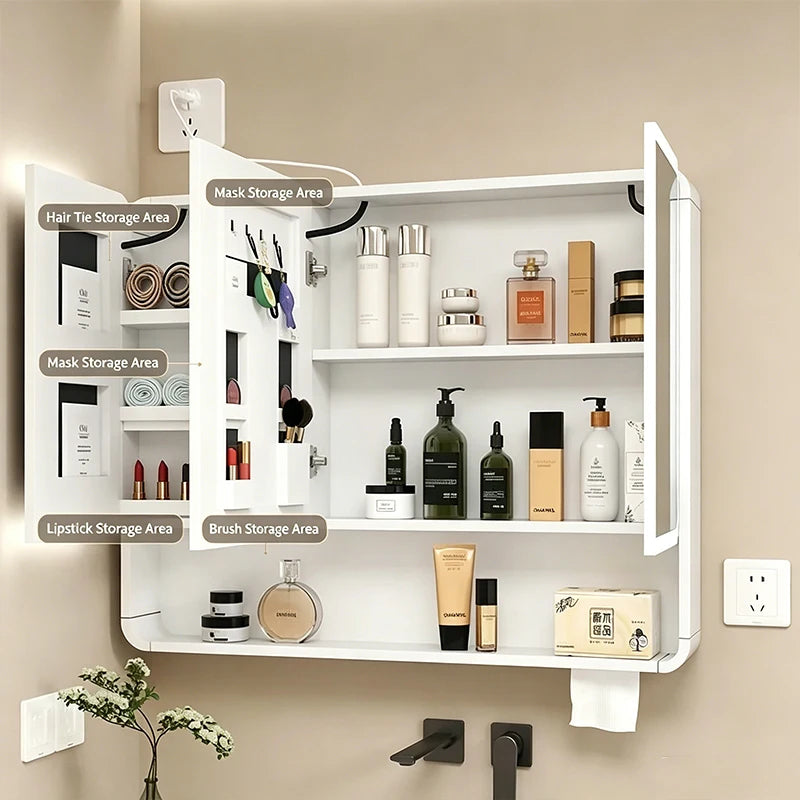 Nordic European Style LED Anti-Fog Wall Mount Smart Bathroom Mirror Cabinet