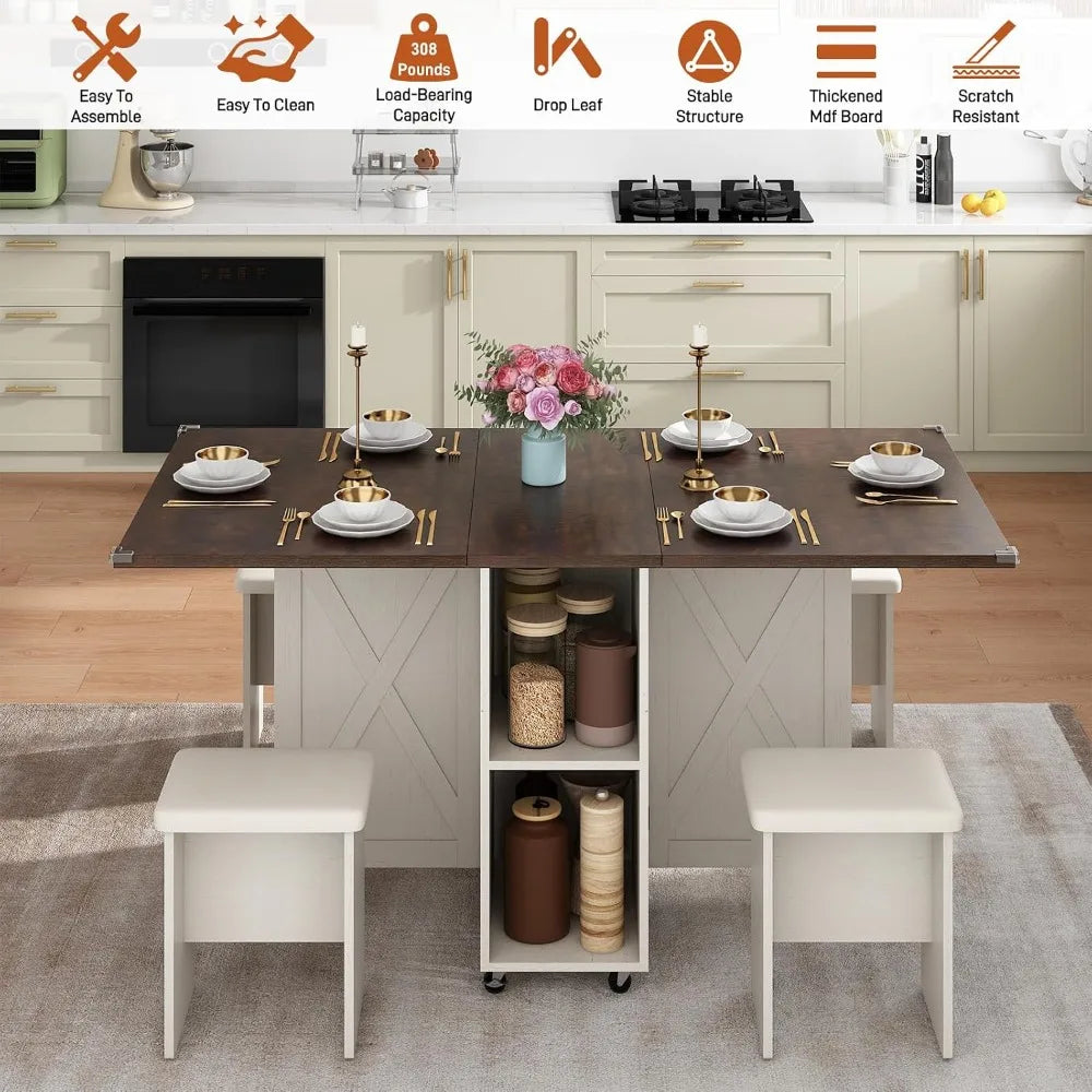 5PC Farmhouse Foldable Dining Table Set with 4 Leather Chairs