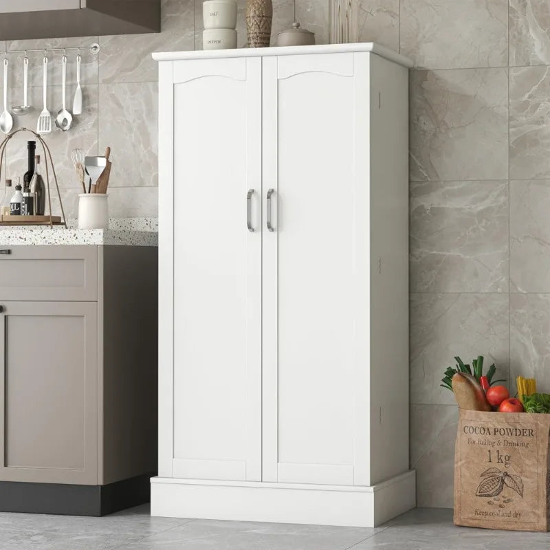 Freestanding Pantry Cabinet with Adjustable Shelves and Doors for Kitchen Dining Room White Storage Cupboard