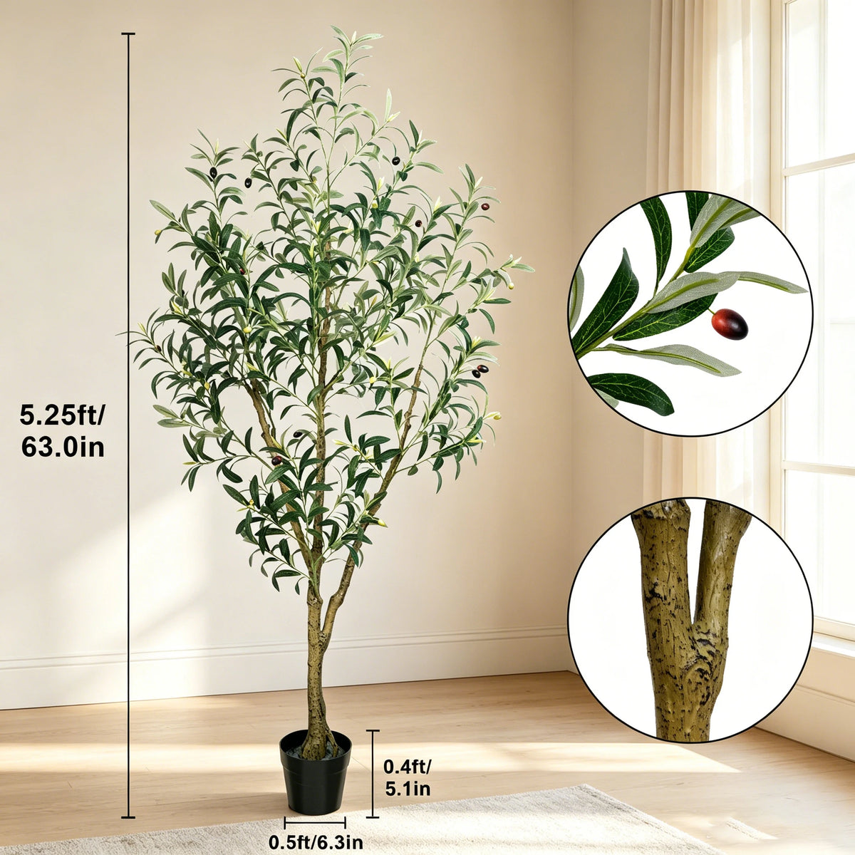 Artificial Indoor Olive Trees, 5.25/6.10/7.10FT Tall Faux Olive Tree with Black Pot,