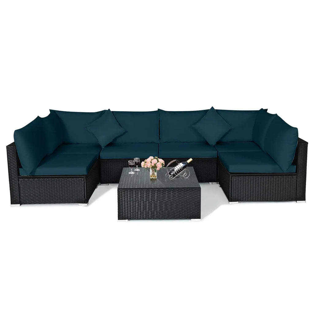 7 Pieces Wicker Patio Furniture Set, All-Weather Outdoor Rattan Sectional Sofa Set with Cushions & Tempered Glass,