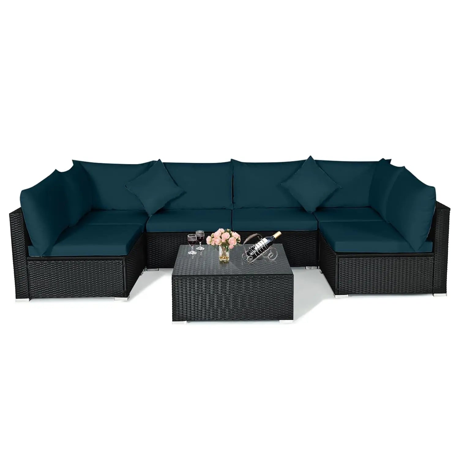 7 Pieces Wicker Patio Furniture Set, All-Weather Outdoor Rattan Sectional Sofa Set with Cushions & Tempered Glass,