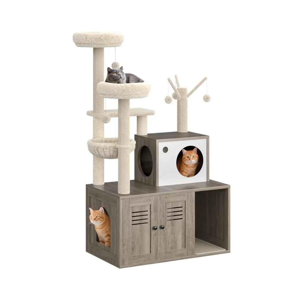 Cat Tower with Litter Box Enclosure, 2-in-1 Modern Cat Tree, 55.1-Inch Cat Condo with Scratching Posts,