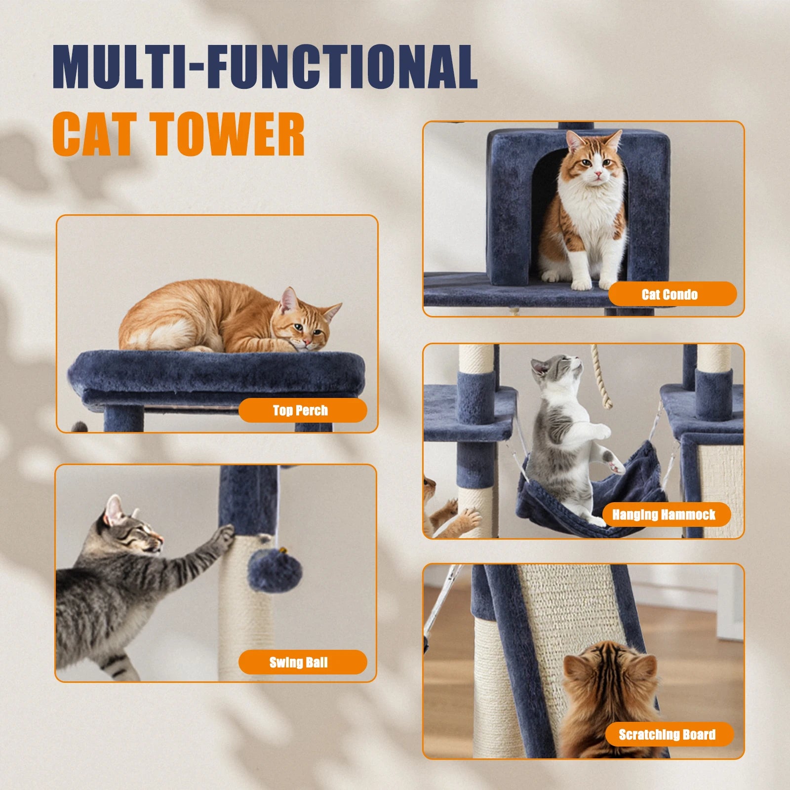 JHK 63In Cat Tree, Tall Multi-Cat Climbing Tower