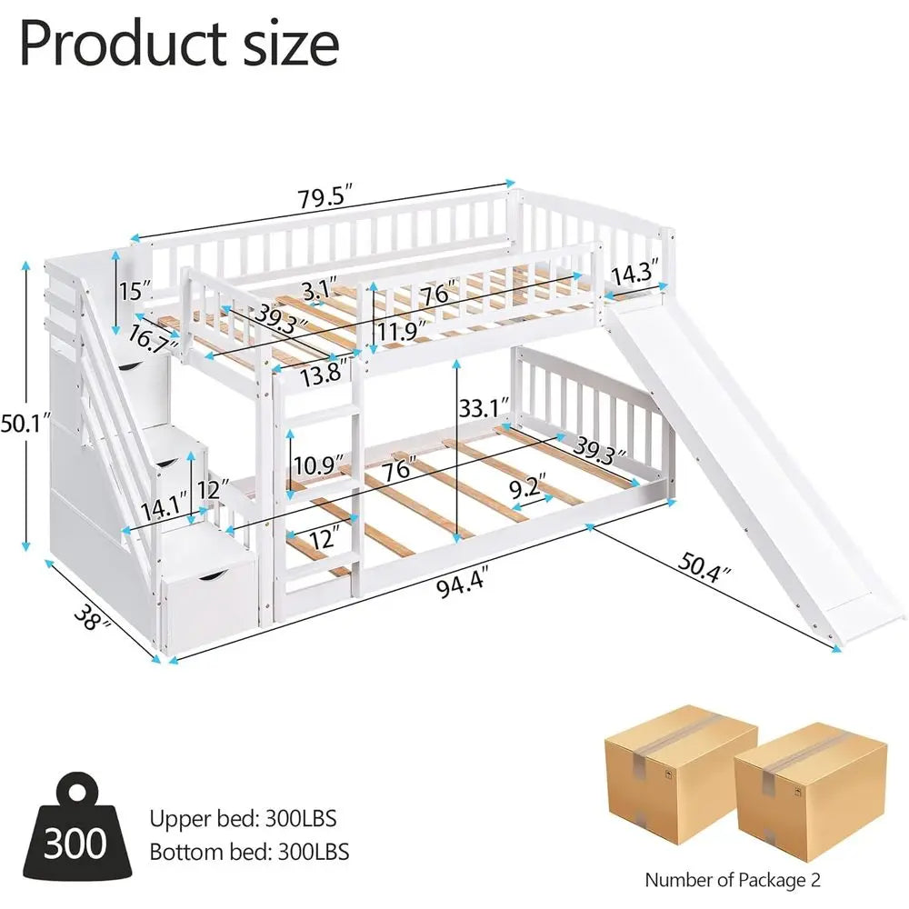Bellemave Wood Bunk Beds with Slide, Twin Over Twin Low Bunk Bed Frame with Storage Drawers, Stairway