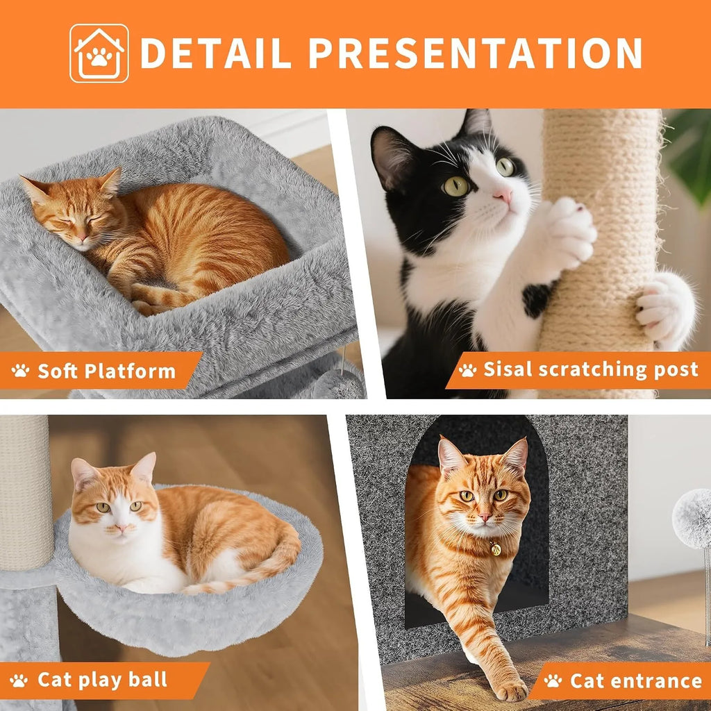 3-in-1 Modern Cat Tree with Hidden Litter Box Enclosure, Cat Condo Furniture with Scratching Post, Hammock & Platforms,