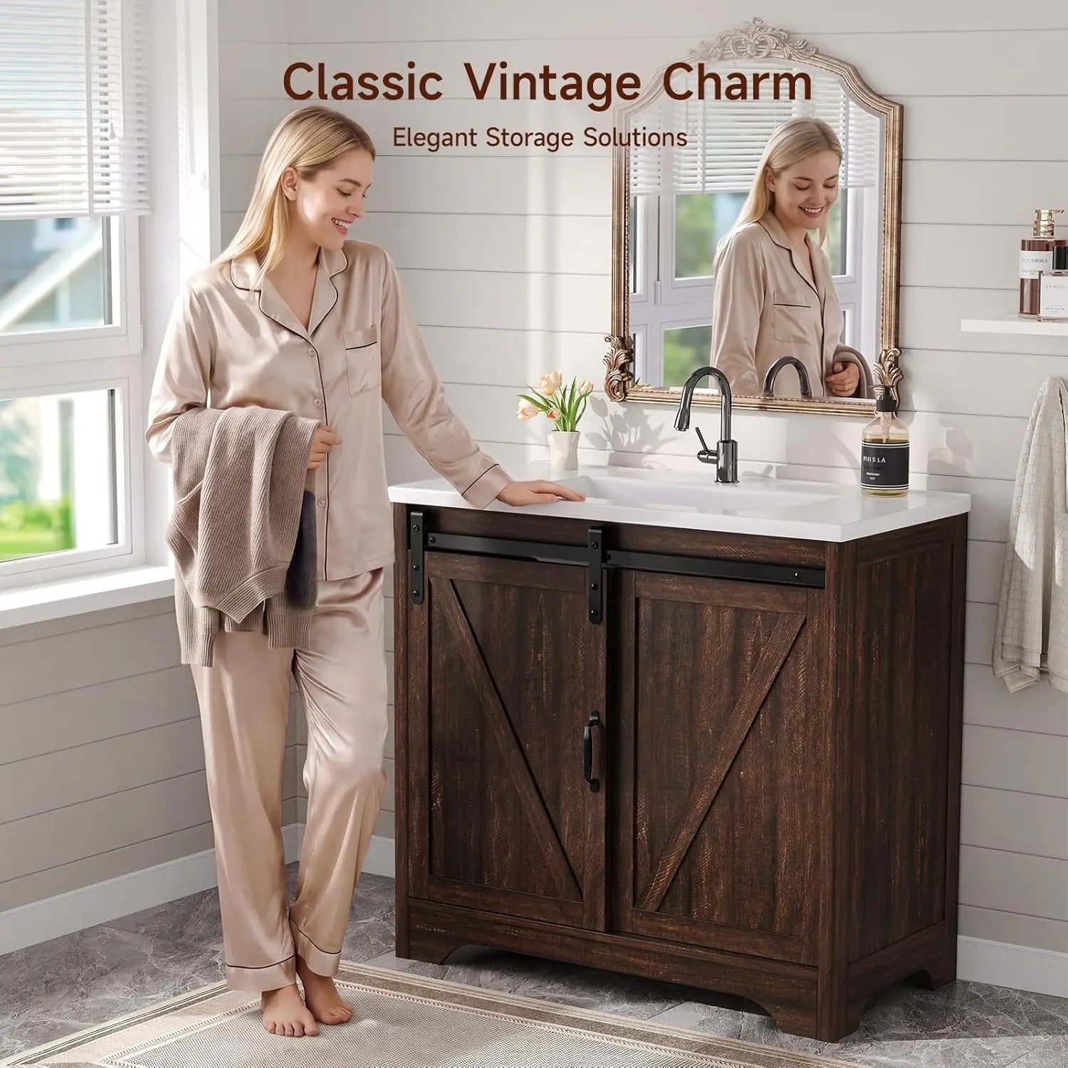 36" Bathroom Vanity with Sink Combo, Farmhouse Sliding Barn Door Bathroom Vanities w/Resin Basin & 4 Drawers,, Custom