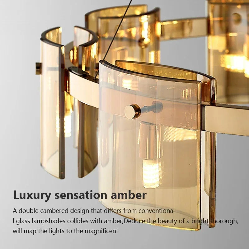 Postmodern LED Amber Smoky Glass Chandeliers