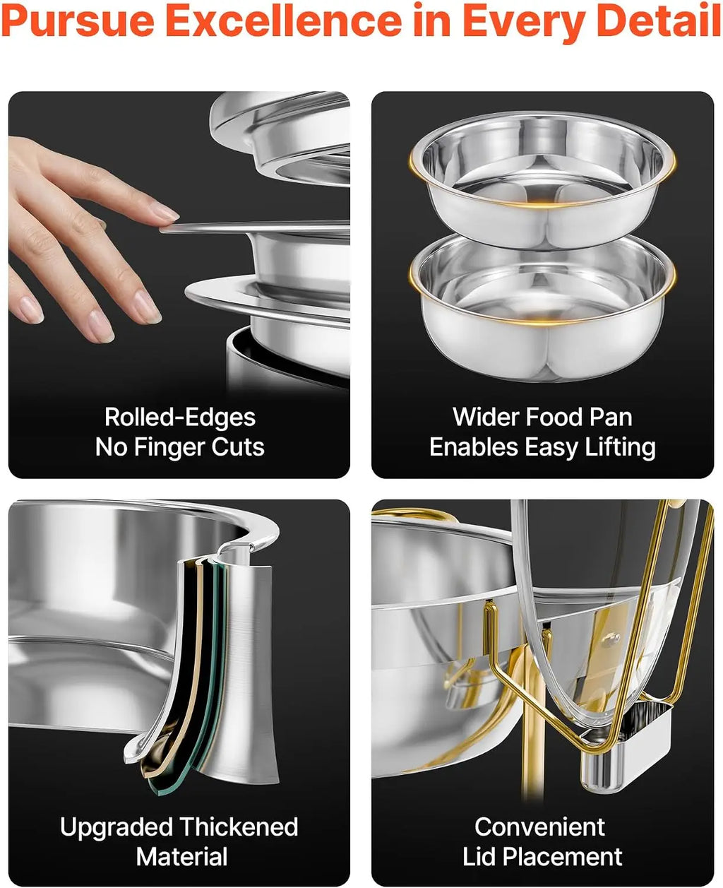 Chafing Dish Buffet Set, 5 Qt 4 Pack, Round Catering Warmer Server with Glass Lid Water Pan, Folding Stand Fuel Holder