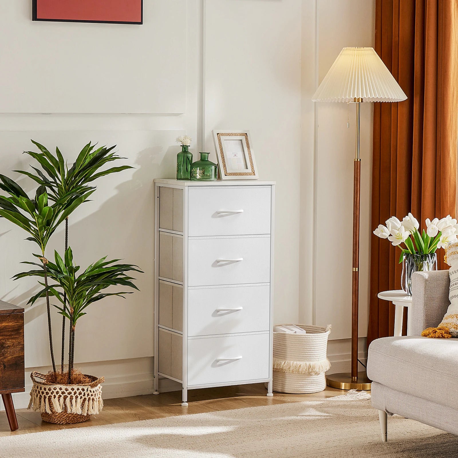 JHK Dresser For Bedroom With 4 Fabric Drawers, Nightstand Wardrobe Steel Frame Closet