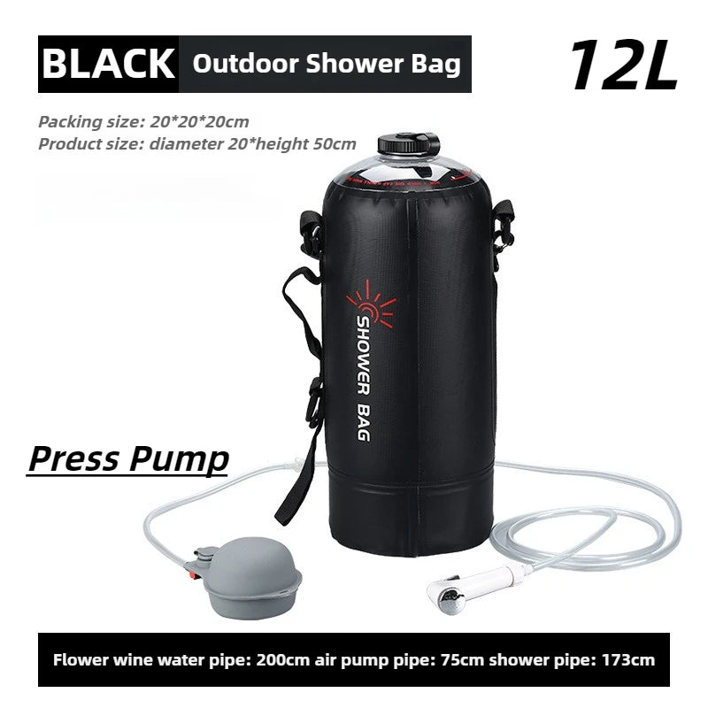 Portable Camping Shower Bag 12L Large Capacity Foldable Solar Heated Outdoor Shower for Hiking Backpacking Travel