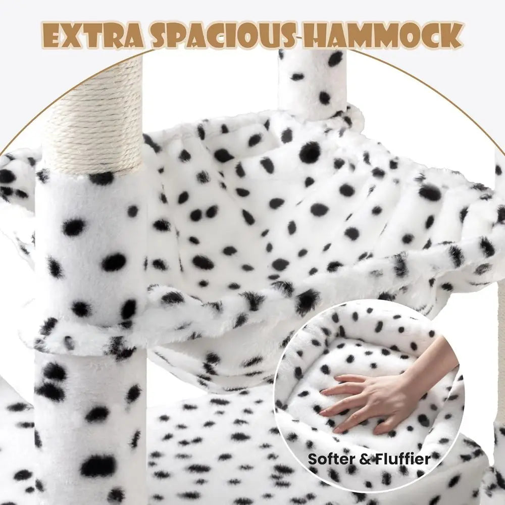 Indoor Multi-Level Cat Tree Tower with Hammock, Perches, Scratching Posts, Pet House, Wide Base, White & Black Spots