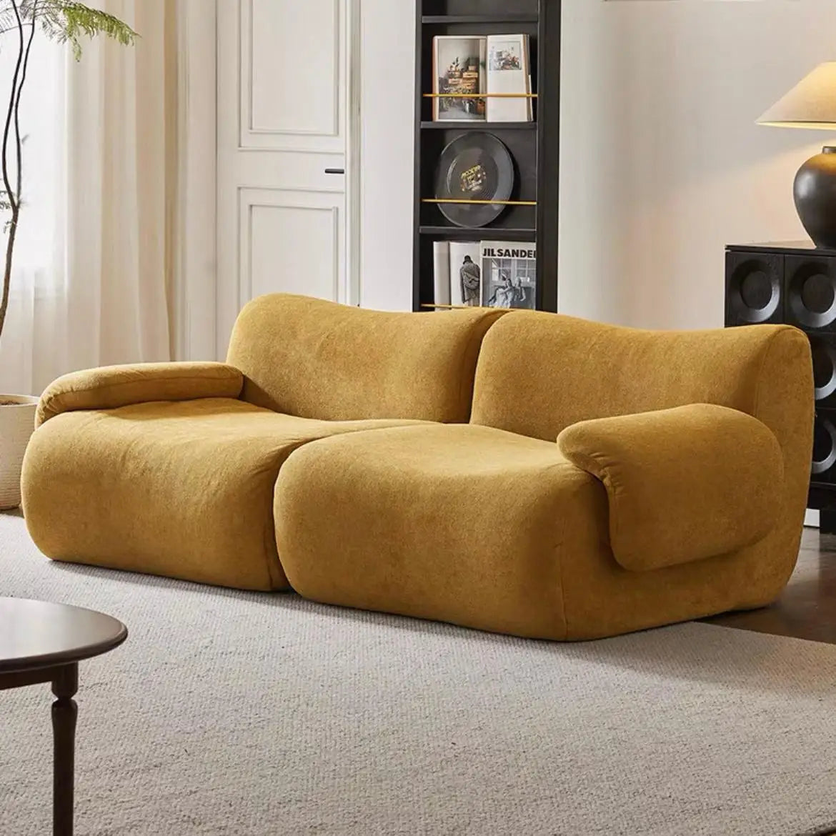 Vacuum-Compressed Modular Sofa, Wabi-Sabi Sherpa Fabric Sectional with High-Elastic Foam, Cream Mid-Century Style,