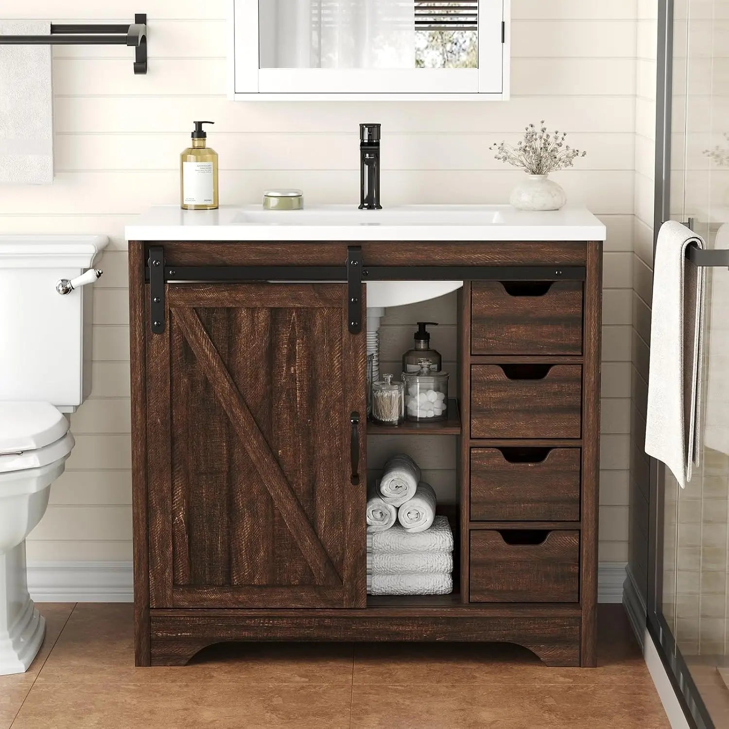 36" Bathroom Vanity with Sink Combo, Farmhouse Sliding Barn Door Bathroom Vanities w/Resin Basin & 4 Drawers,, Custom