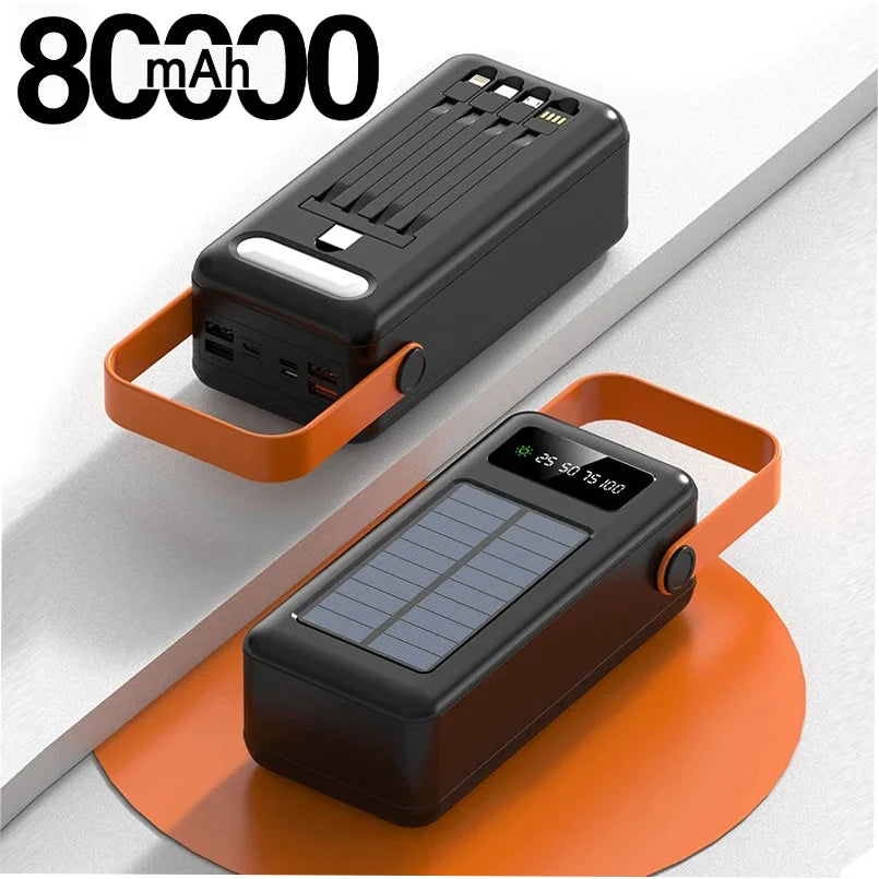 200000mAh Solar Panel Power Bank Fast charging Power Station with Four Wire External Battery Pack with Flashlight For Outdoors