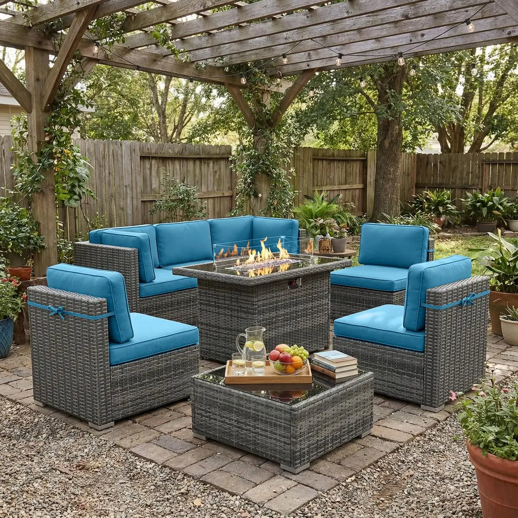 8 Piece Patio Furniture Set with 44" Propane Gas Fire Pit Table,