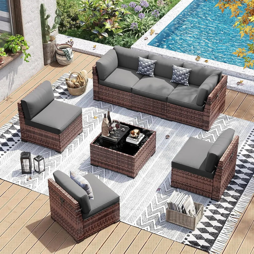 Patio Furniture Set, 7 Pieces PE Wicker Sectional Sofa with Tea Table, Outdoor Conversation Set