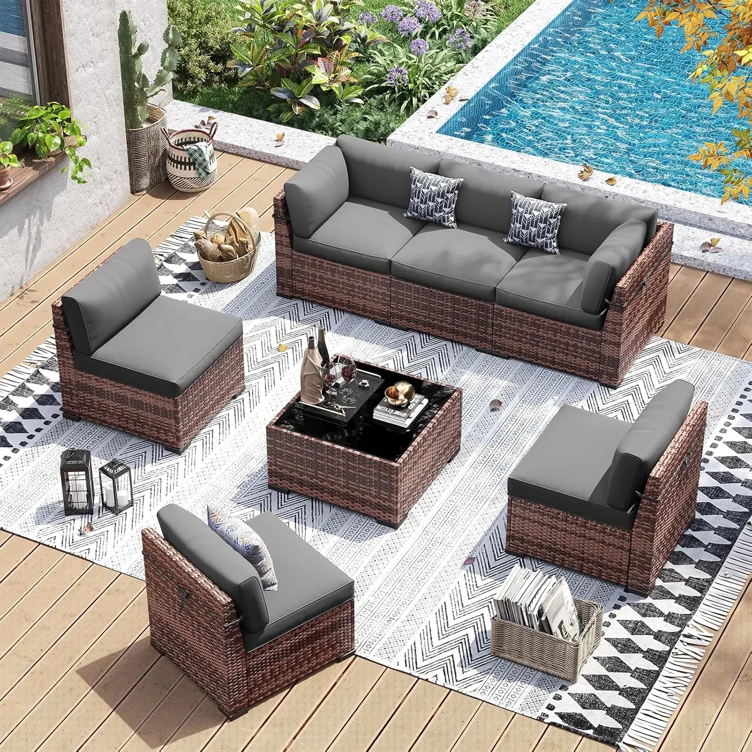 Patio Furniture Set, 7 Pieces PE Wicker Sectional Sofa with Tea Table, Outdoor Conversation Set