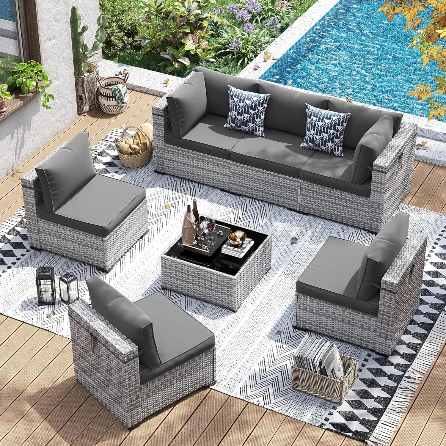 Patio Furniture Set, 7 Pieces PE Wicker Sectional Sofa with Tea Table, Outdoor Conversation Set