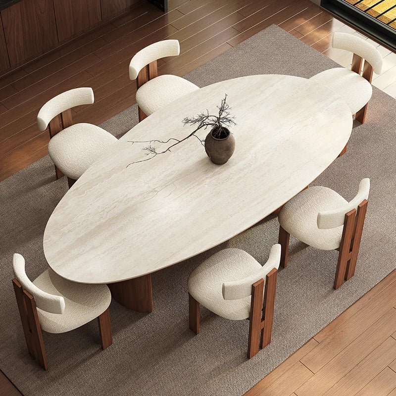 Any Size Custom Beige Travertine Oval Dining Table With Walnut Base