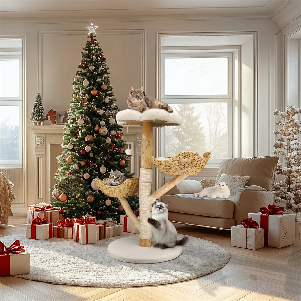 110cm Modern Cat Furniture Climbing Tree Solid Wood Activity Center with Scratching Post