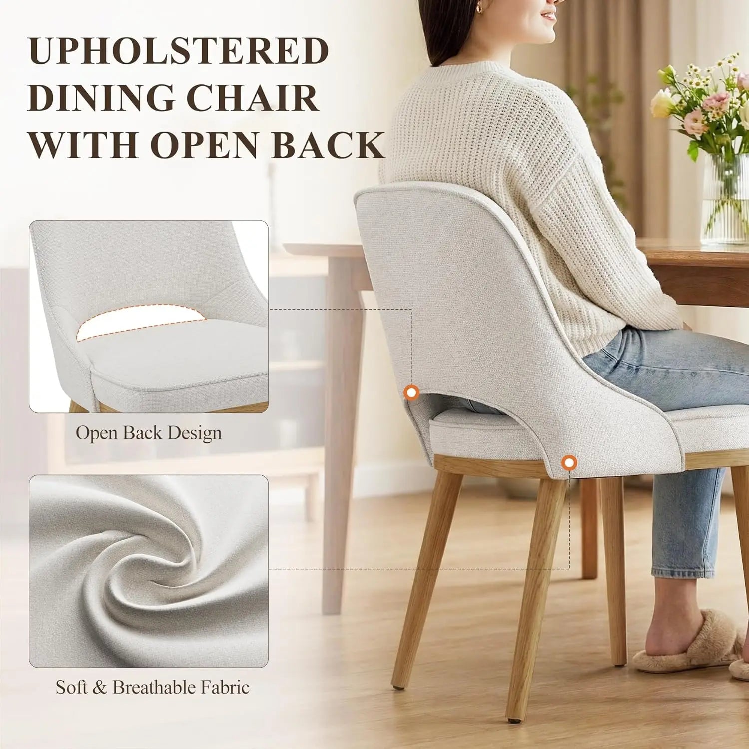Modern Upholstered Dining Chairs Set of 4, Open Back with Solid Wood Legs,