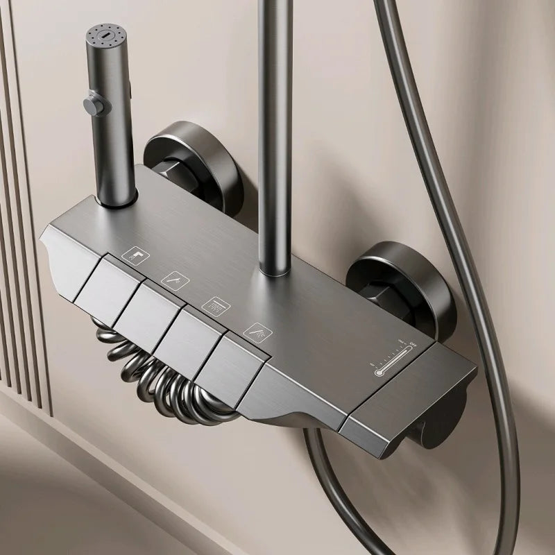 Gunmetal Gray Aluminum Shower System Set Multifunctional Household Hot and Cold Water Piano Keys Bathroom Pressurize Shower Set