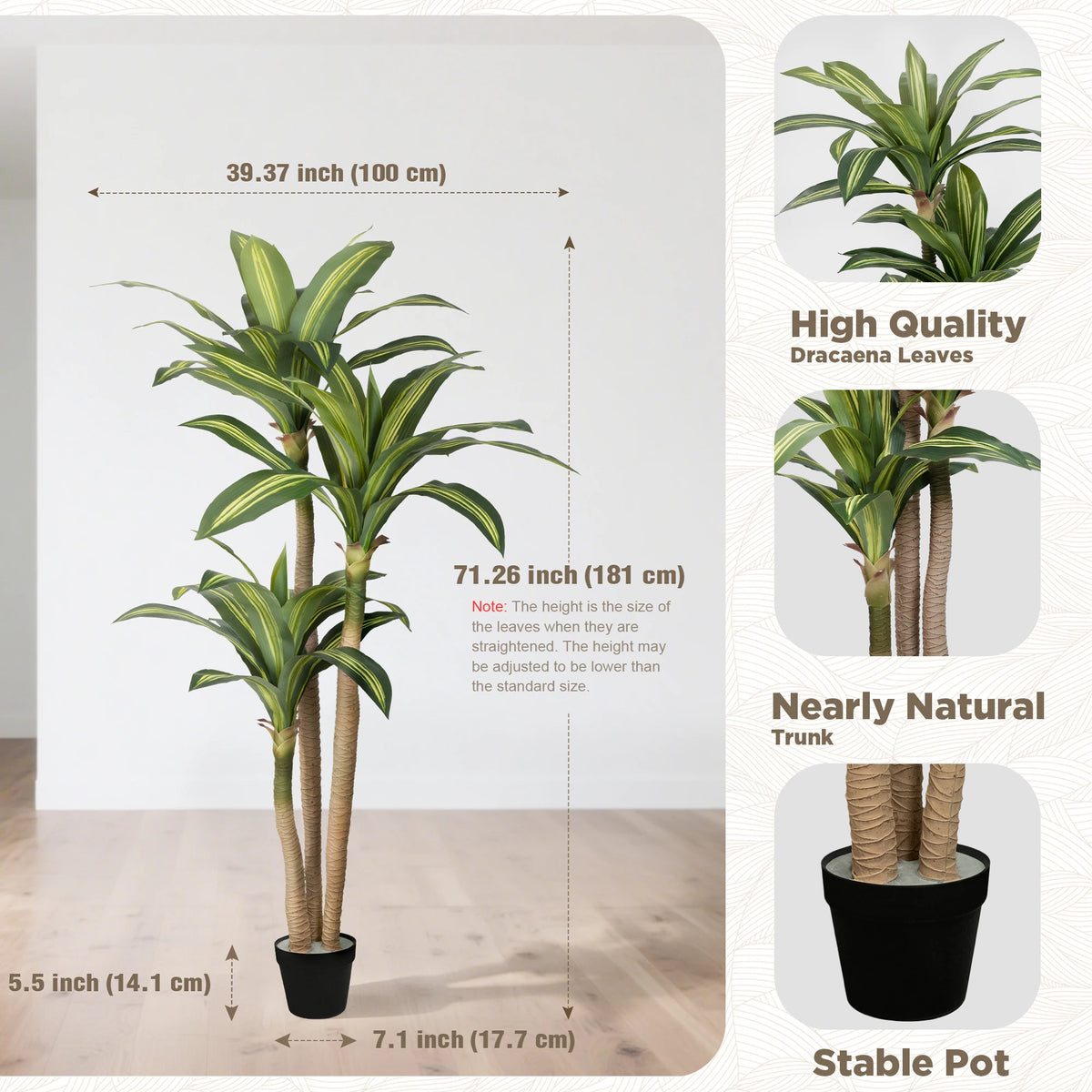 4ft/5ft/6ft Artificial Dracaena Tree in Pot