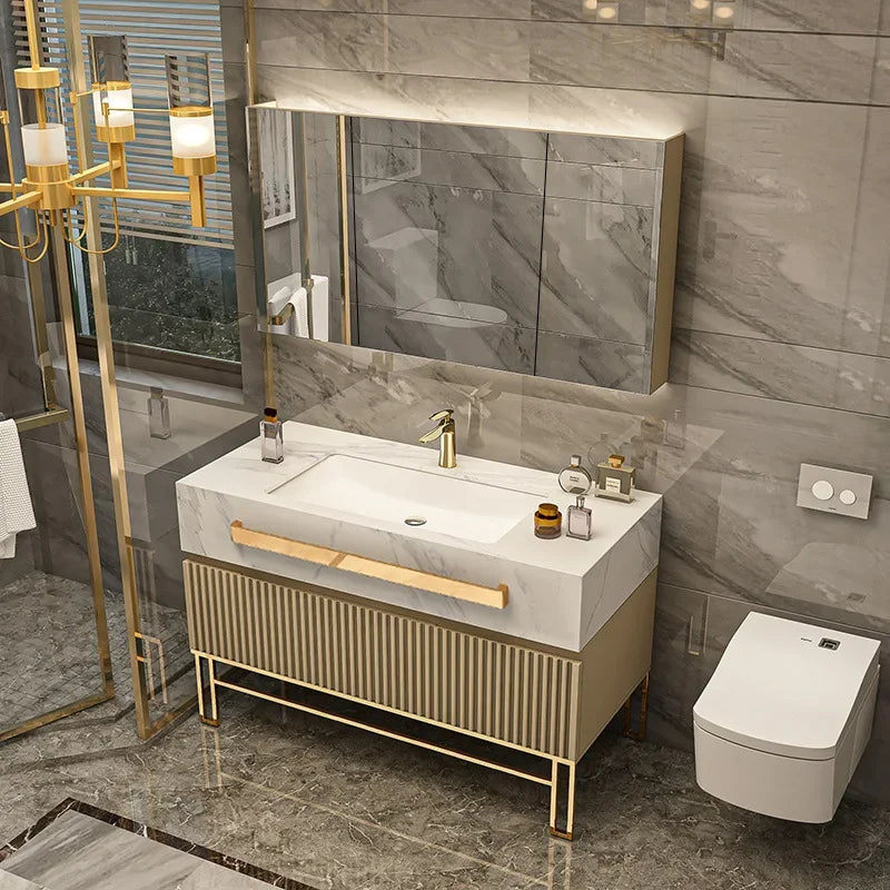 Luxury Bathroom Vanity with Single/Double Slab Ceramic Sink Bathrooms Vanity Smart LED Light Cabinet Sink Bathroom Furniture Set