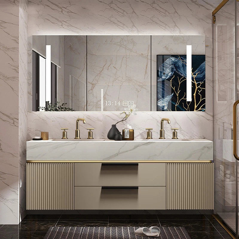 Light Luxury Slate Integrated Basin Bathroom Cabinet, Double Washbasin Combination