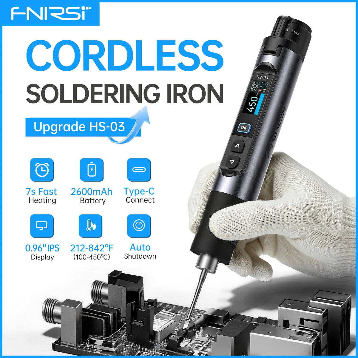 FNIRSI HS-03 Cordless Soldering Iron, Type-C Wireless Soldering Iron Kit 18650 Battery Rechargeable